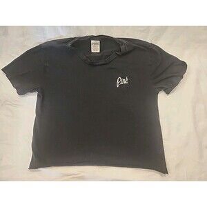 Victoria Secret PINK Crop Top T Shirt Size SMALL Black White Logo Short Sleeve